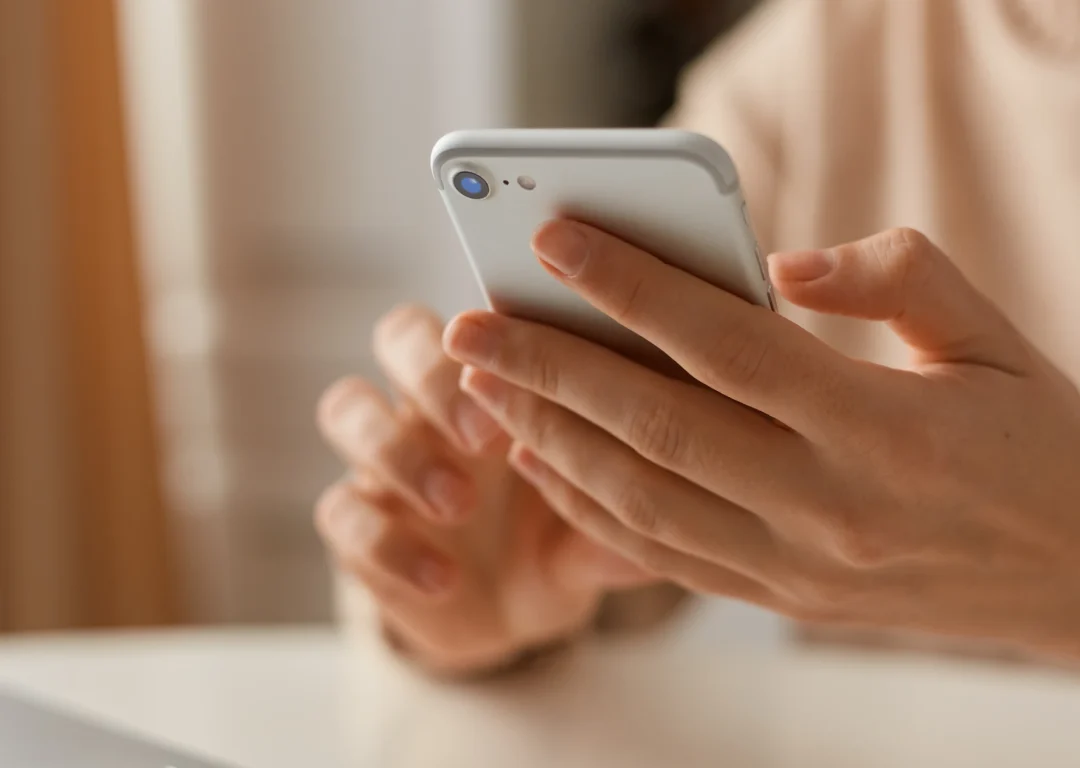 Close up of woman holding phone ready to make a call.