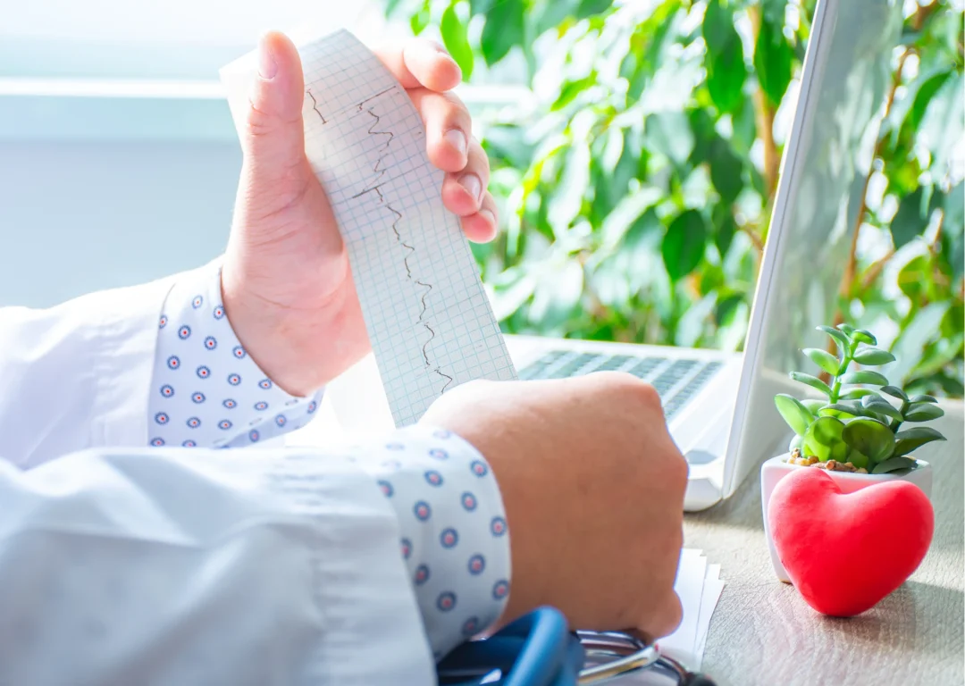 Close up of doctors hands holding ECG results. There is a red heart ornament on the desk.